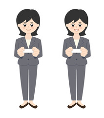 Business woman wearing a pantsuit with black hair handing over a business card. Vector illustration isolated on white background.