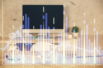 Multi exposure of financial graph drawing and office interior background. Concept of market analysis.