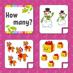 Obraz premium Counting game for children. Happy characters. Learning mathematics. How many object in the picture. Education worksheet. Christmas theme. Isolated vector illustration in cute cartoon style.