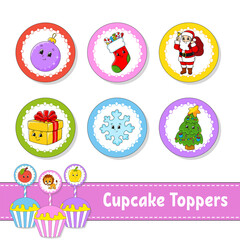 Cupcake Toppers. Set of six round pictures. Christmas theme. Cartoon characters. Cute image. For birhday, party, baby shower.