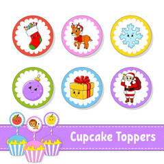 Cupcake Toppers. Set of six round pictures. Christmas theme. Cartoon characters. Cute image. For birhday, party, baby shower.