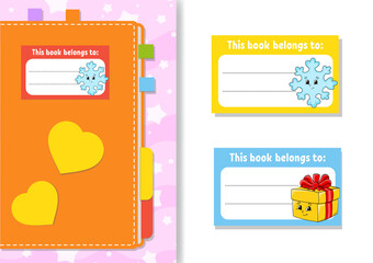 Book label stickers for kids. The rectangular shape. Christmas theme. Isolated color vector illustration. Cartoon character. For the diary, notebook, book.