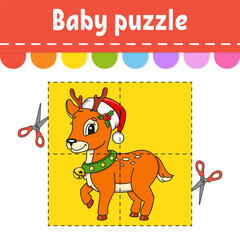 Baby puzzle. Easy level. Flash cards. Cut and play. Christmas theme. Color activity worksheet. Game for children. Cartoon character.