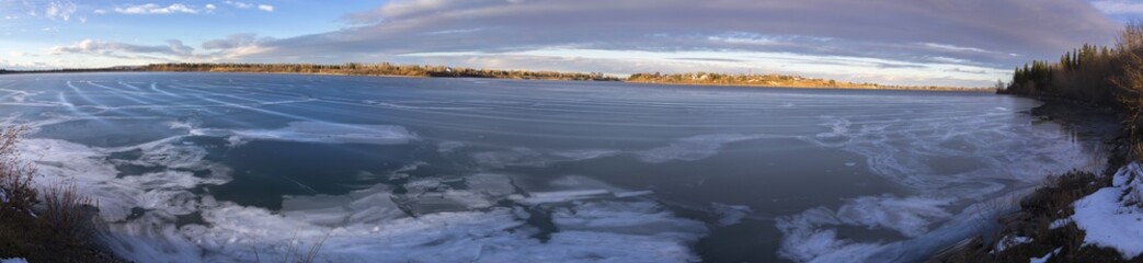 Panoramic Landscape Scenery of Glenmore Reservoir in South Calgary, Alberta with Lake surface water...