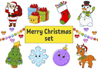 Set of stickers with cute cartoon characters. Christmas theme. Hand drawn. Colorful pack. Vector illustration. Patch badges collection. Label design elements. For daily planner, diary, organizer.