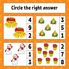Circle the right answer. Christmas theme. Education developing worksheet. Activity page with pictures. Game for children. Color isolated vector illustration. Funny character. Cartoon style.