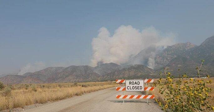 Mountain forest fire highway traffic smoke Utah 4K. Intense man caused wild and forest fire destroyed a mountain side and valley. Fire fighting crew on the ground supported by aircraft.