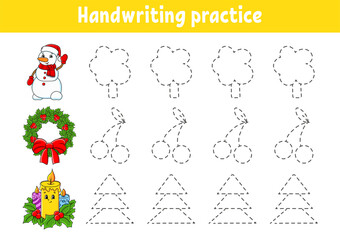 Handwriting pactice. Christmas theme. Education developing worksheet. Activity page. Color game for children. Isolated vector illustration. Cartoon character.