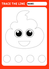 Cute happy smiling poop character. Educational children game. Preschool worksheet for practicing fine motor skills - tracing dashed lines. Tracing Worksheet. Illustration and vector outline - A4 paper