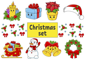Set of stickers with cute cartoon characters. Christmas theme. Hand drawn. Colorful pack. Vector illustration. Patch badges collection. Label design elements. For daily planner, diary, organizer.