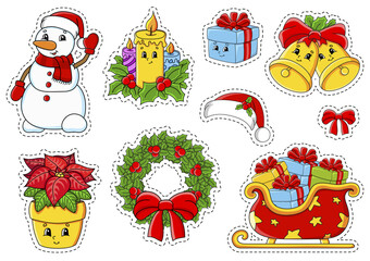 Set of stickers with cute cartoon characters. Christmas theme. Hand drawn. Colorful pack. Vector illustration. Patch badges collection. Label design elements. For daily planner, diary, organizer.