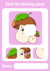 Find the missing piece. Education developing worksheet for kids. Puzzle game. Activity page. Cartoon character. Autumn theme.