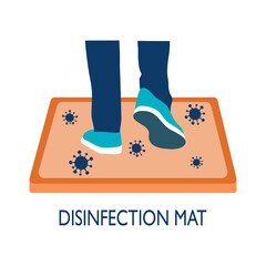 Man or woman are standing on disinfection mat to clean shoe from Covid-19 coronavirus and bacteria. Healthcare concept vector illustration on white background.	
