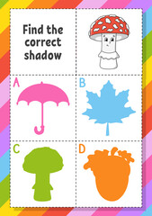 Find the correct shadow. Education developing worksheet for kids. Puzzle game. Activity page. Cartoon character. Autumn theme.