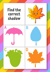Find the correct shadow. Education developing worksheet for kids. Puzzle game. Activity page. Cartoon character. Autumn theme.