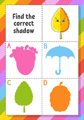 Find the correct shadow. Education developing worksheet for kids. Puzzle game. Activity page. Cartoon character. Autumn theme.