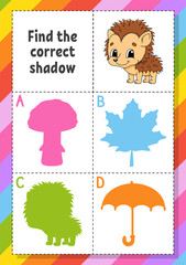 Find the correct shadow. Education developing worksheet for kids. Puzzle game. Activity page. Cartoon character. Autumn theme.