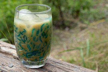Lod Chong with coconut milk. Natural background green.