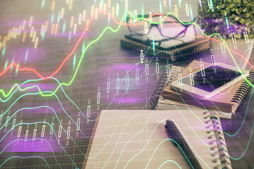 Double exposure of forex chart drawing and cell phone background. Concept of financial trading