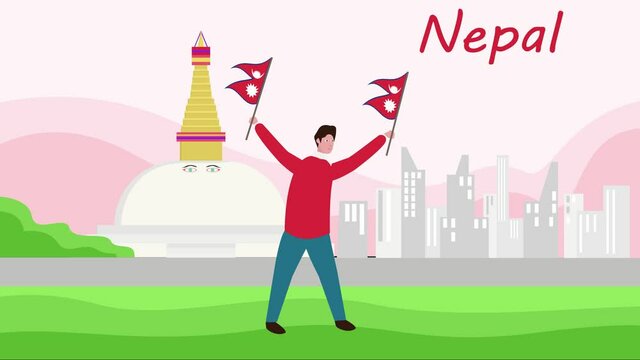 Man waving Nepal flag near World Peace Pagoda