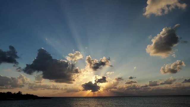 Okinawa,Japan-October 26, 2020: Sunbeam on Beautiful sunset at 17END of Shimojishima island, Okinawa
