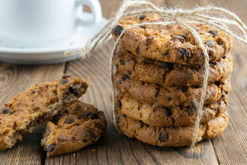 chocolate chip cookies on a wooden table