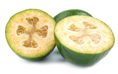 Fresh green feijoa on a white background, isolated. Tropical fruit feijoa whole and half