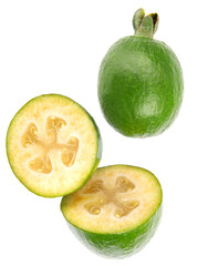 Fresh green feijoa on a white background, isolated. Tropical fruit feijoa whole and half
