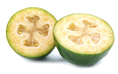 Two halves of the ripe feijoa fruit are isolated on a white background.