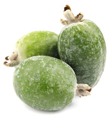 Three feijoa fruits are isolated on a white background.