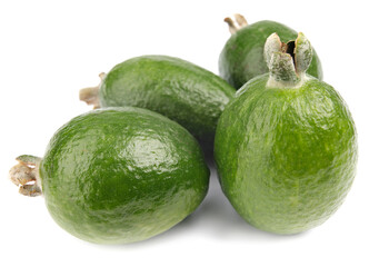 many feijoa fruits are isolated on a white background.