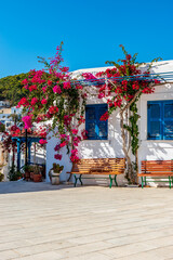 Traditional Cycladitic alley with whitewashed houses and a blooming bougainvillea flowers in lefkes...