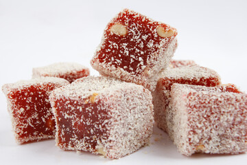 turkish delight. traditional sweets, rahat lukum . isolated on a white background.