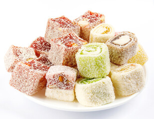 Oriental sweets, a plate with multicolored rachate lukum.