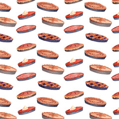 Autumn watercolor seamless pattern. Pies illustration: pumpkin, berry and chocolate pie. Fall cozy delicate wallpaper. Scrapbook hand drawn clipart. 