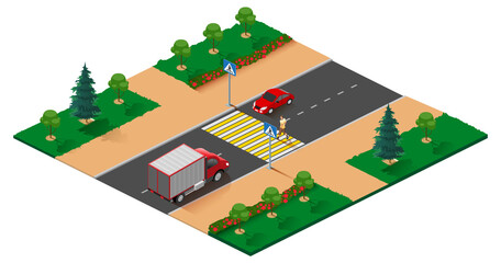 Pedestrian crossing road isometric projection illustration. Man walks on zebra