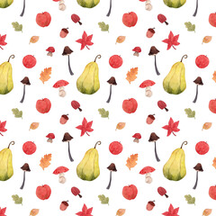 Autumn winter watercolor seamless pattern. Pumpkins, mushrooms, apples and leaves illustration. Nature in fall elements. Scrapbook hand drawn decorative clipart. Seasonal forest. 
