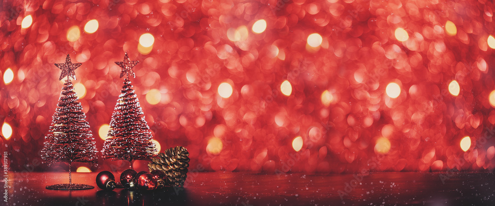 Poster merry christmas tree and happy new year background on red glitter sparkling string lights festive bo