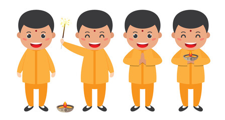 Diwali/Deepavali vector illustration with set of cute cartoon indian boy / male with different pose.