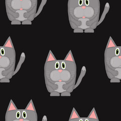 seamless pattern with emotional gray cats on a black background