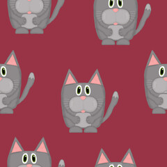 seamless pattern with emotional gray cats on a red background