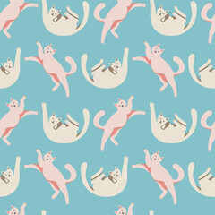 Seamless pattern with cute cat and packing gifts. Playing cat. Vector hand drawn illustration. Lazy cats