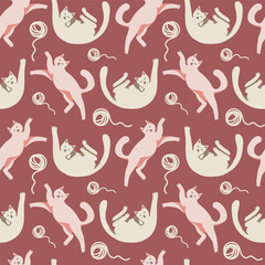 Seamless pattern with cute cat and packing gifts. Playing cat. Vector hand drawn illustration. Lazy cats