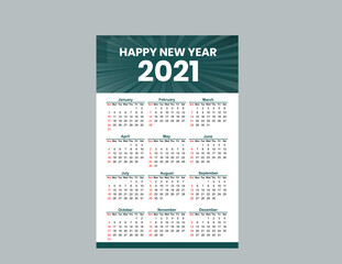 One Page Wall Calendar 2021 / Wall Calendar Design 2021,Calendar 2021 template Design, 12 months yearly calendar set in 2021, print ready calendar,