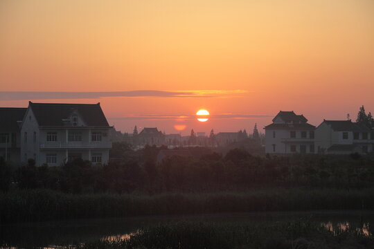 View Of Rural Farmland And Residential Houses Under Sunrise In Chongming Island, Shanghai, China