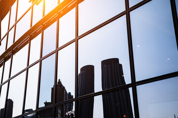 Closeup modern blue glass building