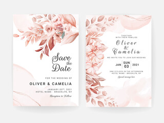 Floral wedding invitation template set with brown and peach roses flowers and leaves decoration. Botanic card design concept