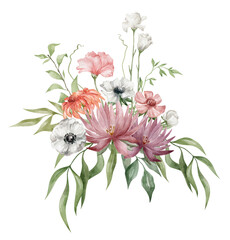 Watercolor bouquet with gently summer meadow flowers, branches and leaves, isolated on white. Aesthetic modern composition in boho style, floral arrangements, wedding  delicate flowers