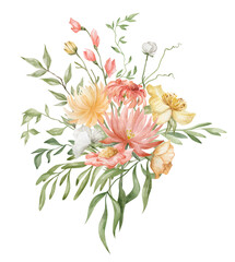 Watercolor bouquet with gently summer meadow flowers, branches and leaves, isolated on white. Aesthetic modern composition in boho style, floral arrangements, wedding  delicate flowers