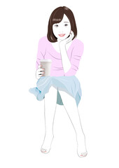 コーヒーカップを片手に頬杖をつく若い女性